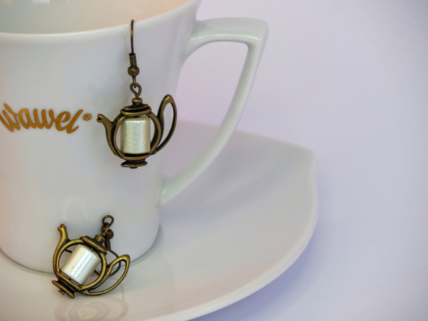 Teapot Earrings With Cream Tube Beads Teapot by JandMCraftCorner