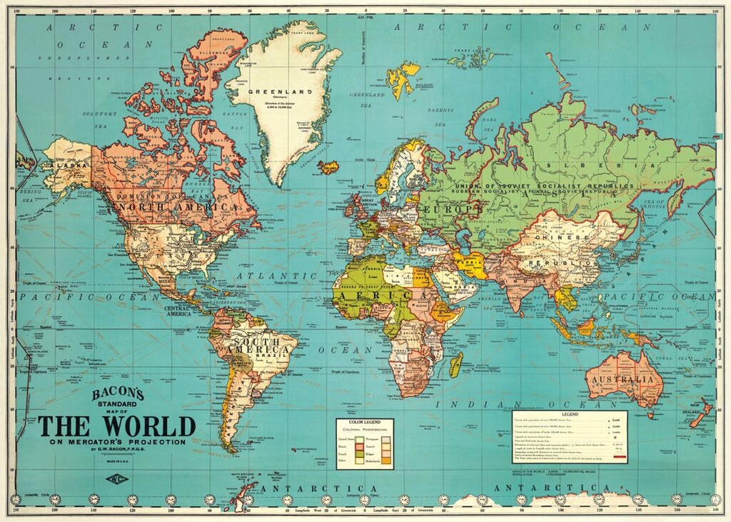 vintage look world map gift wrap or poster by cavallini