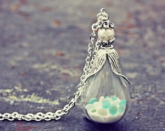 Sea Glass Necklace Seaglass Terrarium Pendant Glow In the Dark Jewelry Freshwater Pearl Blue Ocean Sand Silver Hand Blown Glass Teardrop