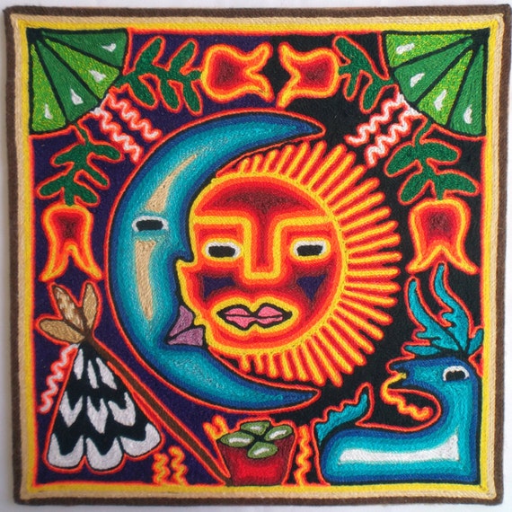 12 Mexican Huichol Sun and Moon Eclipse yarn painting