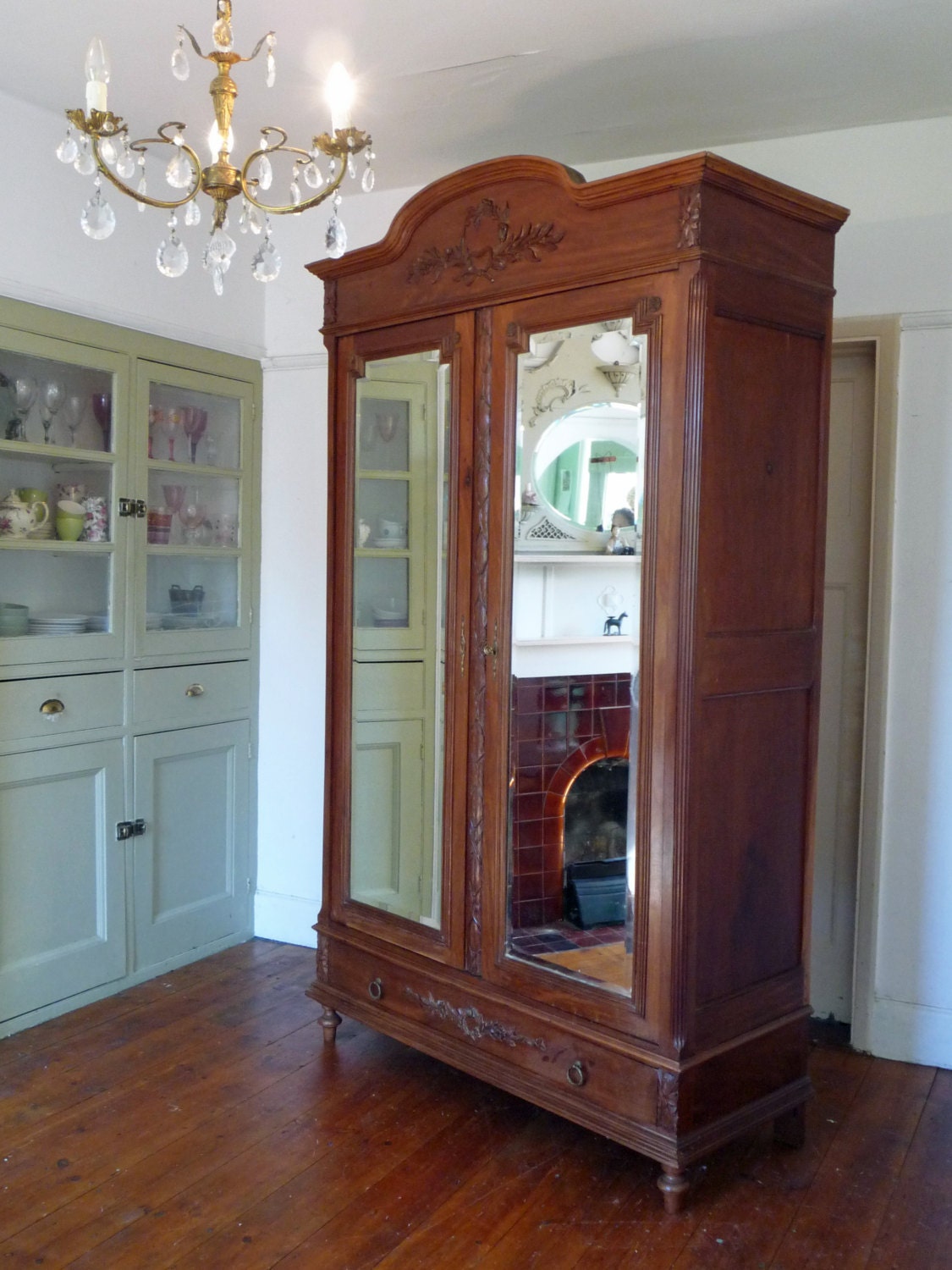 Large Double Mirror Door Oak French Armoire Haute Juice