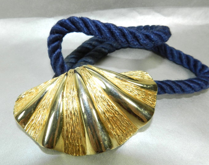Vintage Gay Boyer Signed Fashion Necklace, Gold Plated Shell with Navy Blue Rope Necklace, Couture Fashion 80s Jewelry Vintage