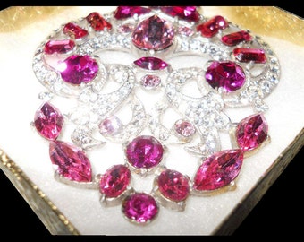 Sale VINTAGE STARET Brooch PRISTINE Shocking Pink & Clear Stones Extraordinary Signed