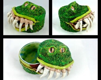 Bright Green Creature Box - polymer clay monster box