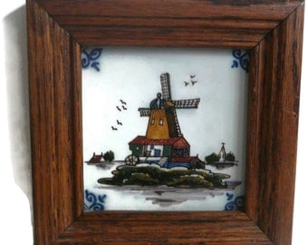 Royal Tichelaar Makkum Dutch Tile Windmill / Hand Painted Polychrome Tile / Framed / Decor / Home And Living / Collectible