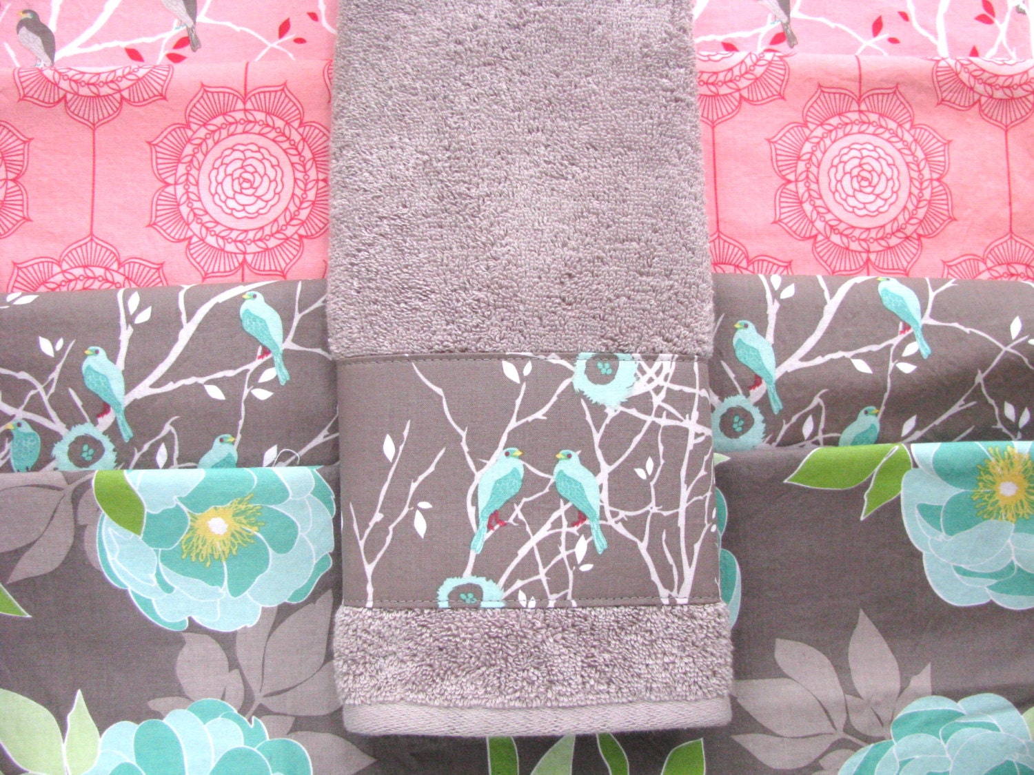 Grey Aqua Pink towels pink and grey hand towel aqua