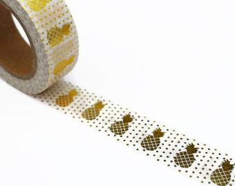 Sale Washi Tape - Gold Foil Pineapples Washi Tape with Polka Dots 10m x 15mm