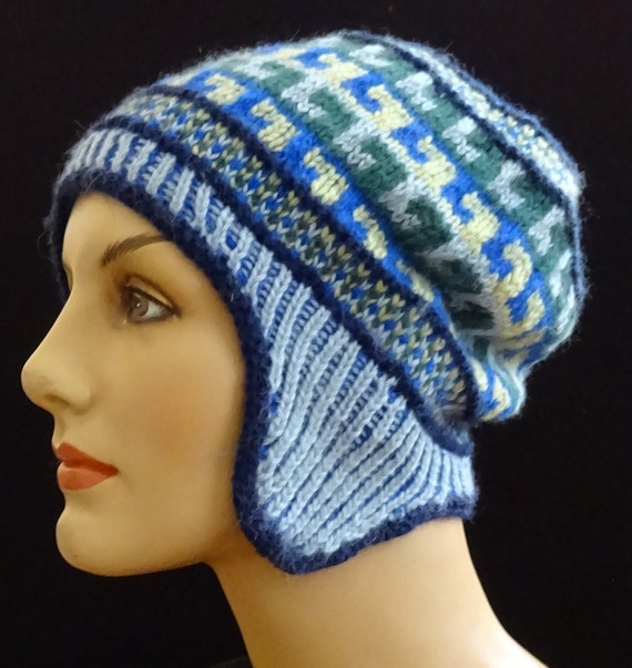 Ear-flap hat with blue and green greek key design winter hat