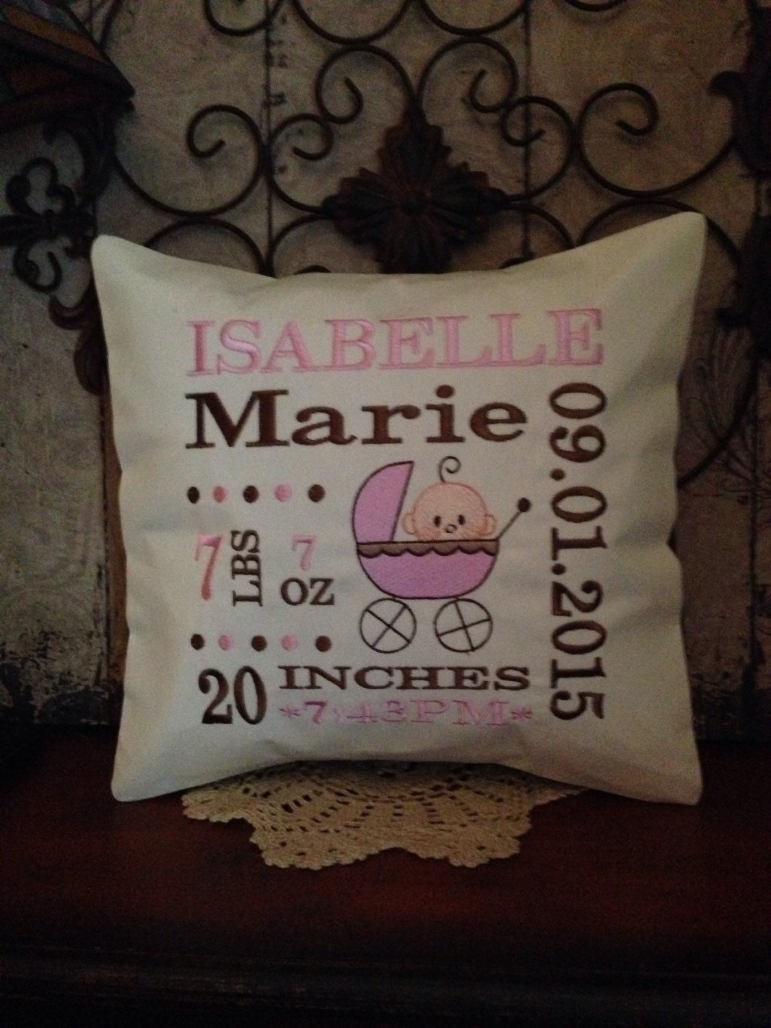 Birth Annoucement Personalized Pillow Machine Embroidered