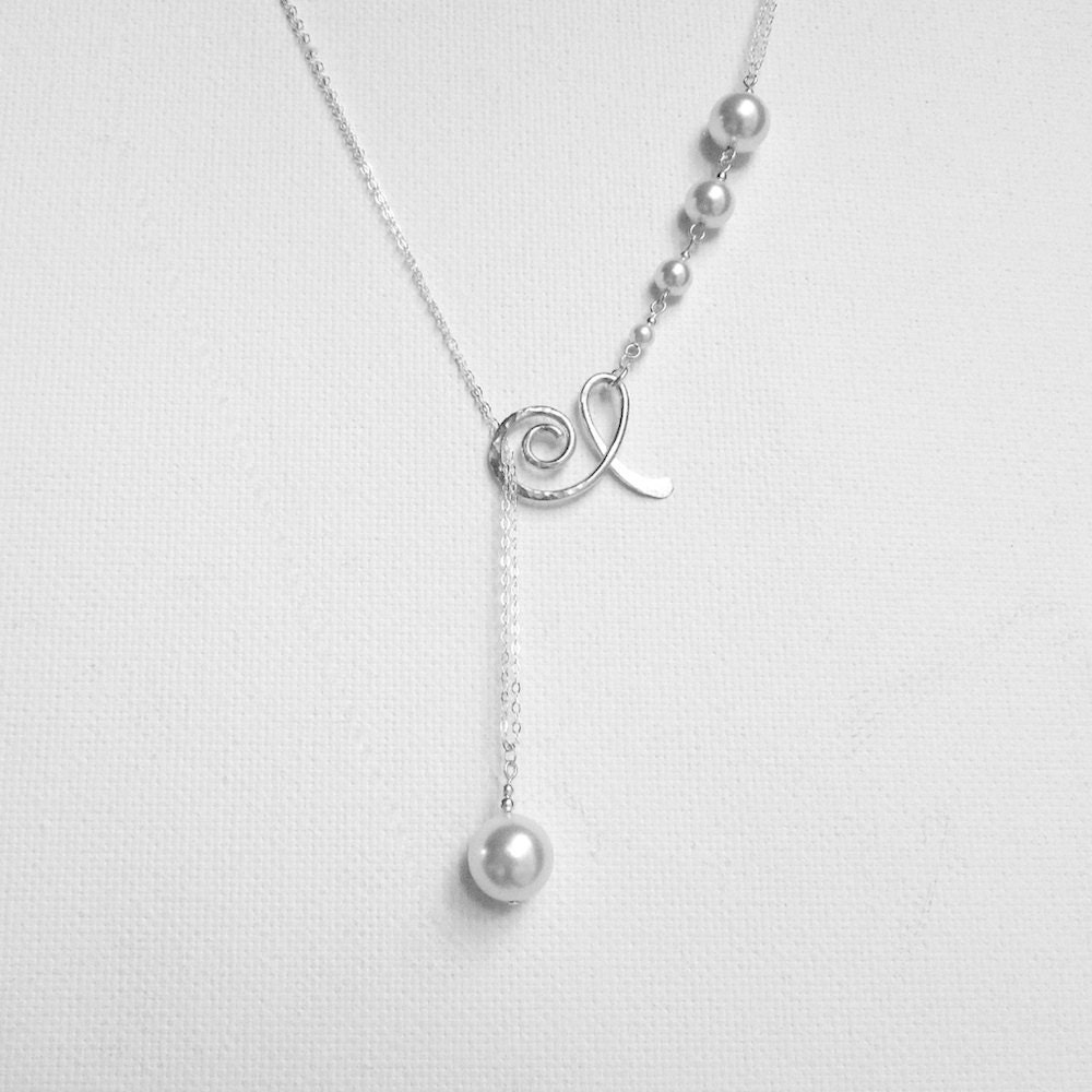 White Pearl Necklace Swarovski Pearl Necklace Lariat Necklace Swarovski Wedding Jewelry Sterling Silver Lariat Necklace White Pearl Wedding