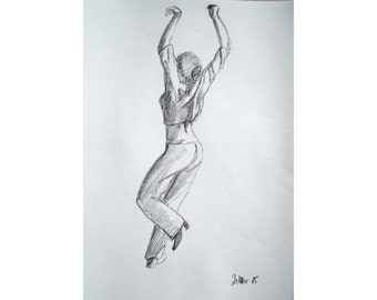 Original Drawing of Woman Dancing Flamenco, Pencil Drawing, Spanish Dancer, Dancing Art