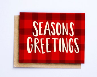 Seasons Greetings or Happy Holidays Greeting Card | Christmas Card | Holiday Card | Hand Lettered Card | Plaid Card