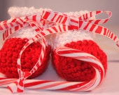 Peppermint Holiday Baby Booties - Crocheted Christmas Baby Booties - Red and White Baby Booties