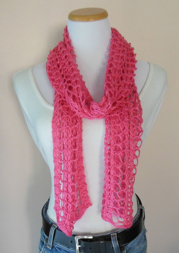 Hot Pink Scarf Hand Knit Lacy Open Weave Light Weight Fashion