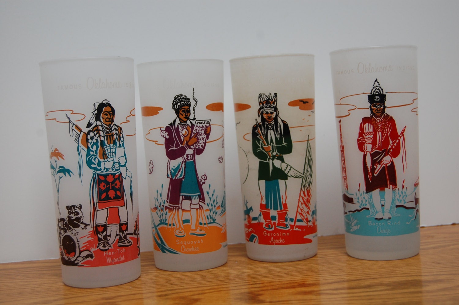 Vintage Frosted Glasses 4 Oklahoma Indians Knox Oil