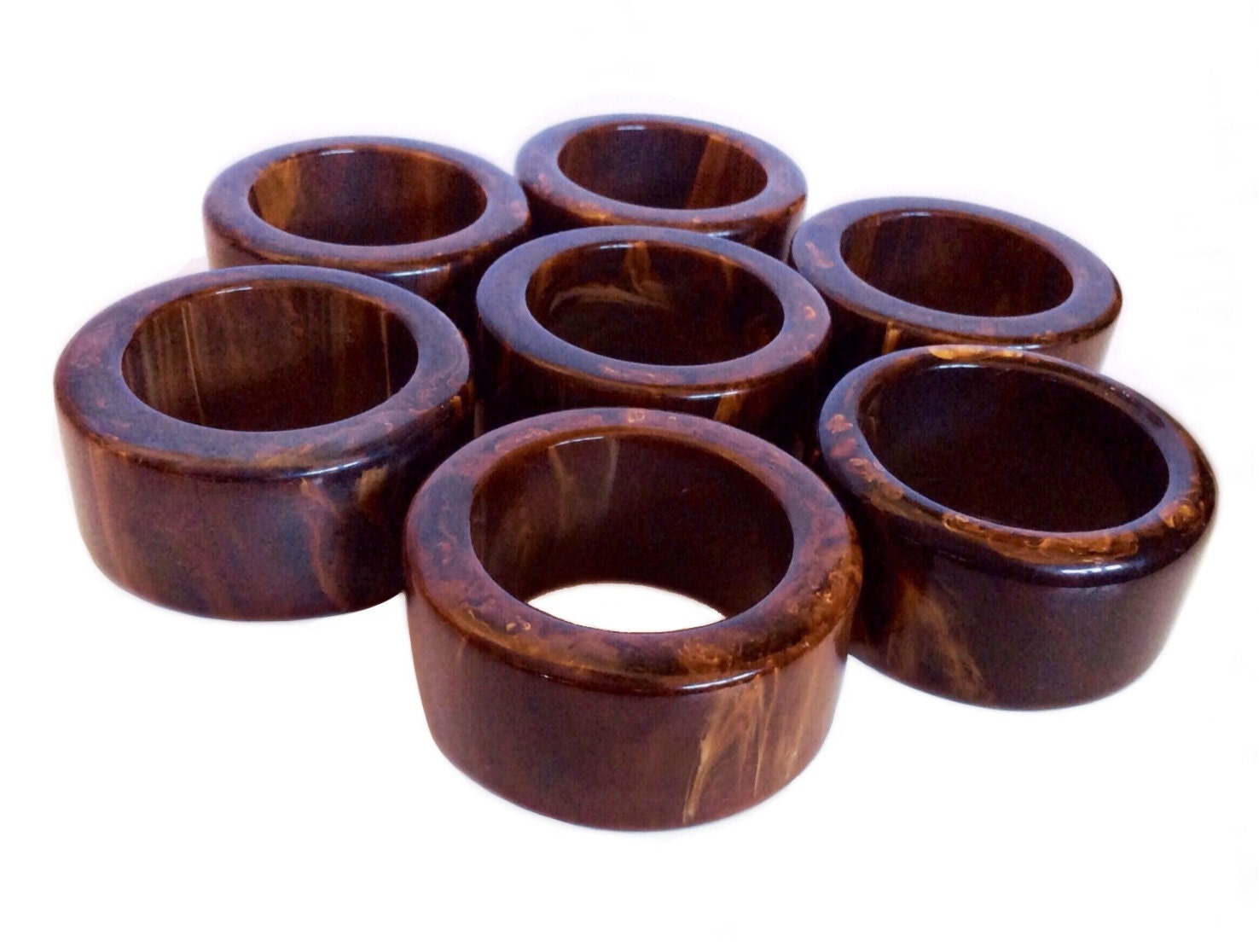 Vintage Bakelite Napkin Rings Set of 7 Brown Marbled Holders