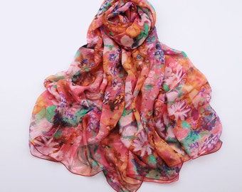 Floral Silk Scarf - Orange Red Floral silk Scarf - Floral Coral Silk Scarf - Orange Red Floral Silk Scarf - AS2015-54