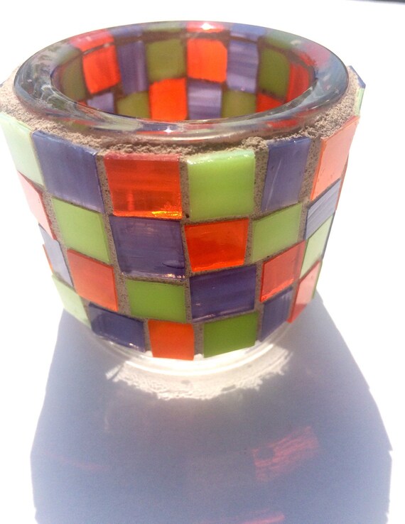 Stained glass mosaic votive candle holder small round candle
