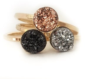 Druzy Ring Rose Gold, Rose Gold Druzy Ring, Genuine Quartz Druzy Stone Size 6mm