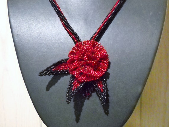 Red Black Beaded Flower Necklace With Fringes and Swarovski crystal, flower jewelry, fringe necklace, statement necklace, unique jewelry