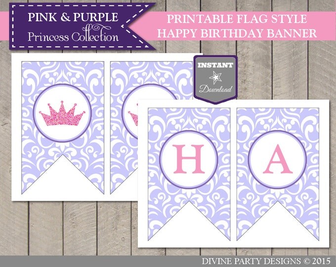 SALE INSTANT DOWNLOAD Princess Happy Birthday Banner / Printable / Crown / Flag Banner / Pink and Purple Princess Collection / Item #301