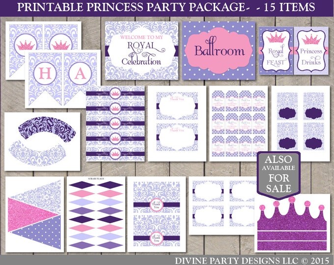 SALE INSTANT DOWNLOAD Editable Princess Folding Tent Cards / Place Cards / You Type Text / Purple and Pink Princess Collection / Item #302