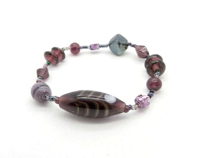 Vintage Murano Glass Bead Bracelet, Purple Italian Art Glass Stretch Bracelet