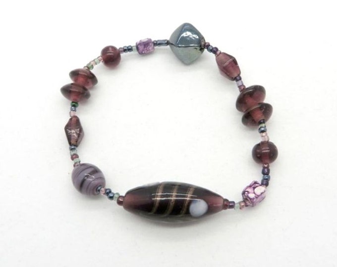 Vintage Murano Glass Bead Bracelet, Purple Italian Art Glass Stretch Bracelet