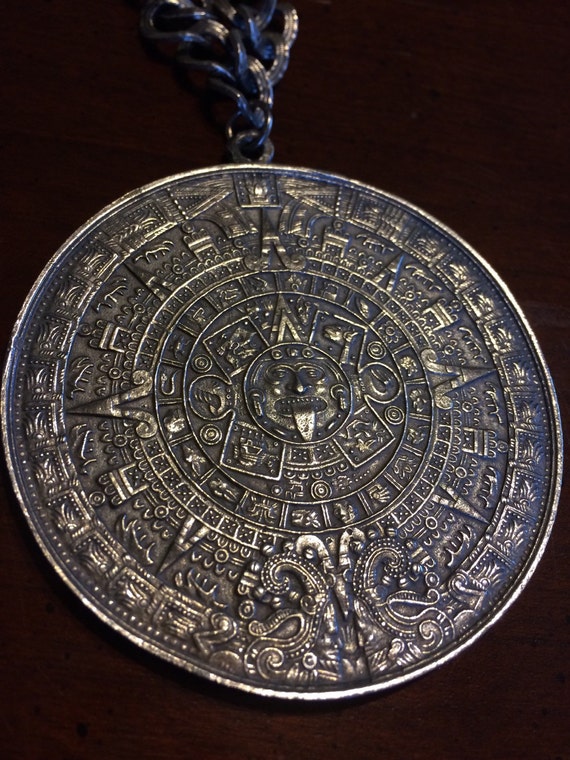 Early Silver Aztec Calendar Stone Sun Disk Medallion by AnewAgain