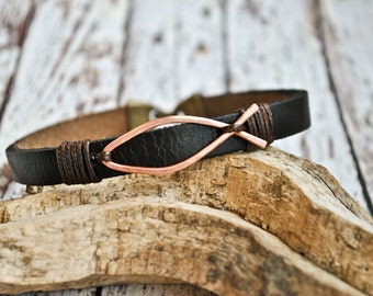 Black leather mens copper bracelet | leather wristband | pulsera cuero | bracelet cuir | lederarmband | black leather men's fish bracelet