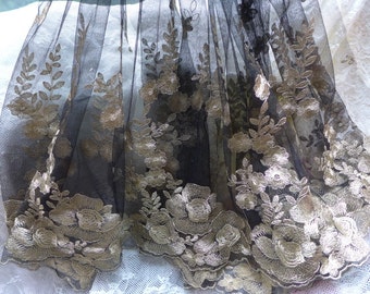 Gold Lace Fabric, Gold Thread Embroidered Flower Trim Fabric, Black Mesh Fabric, Bridal Lace Fabric