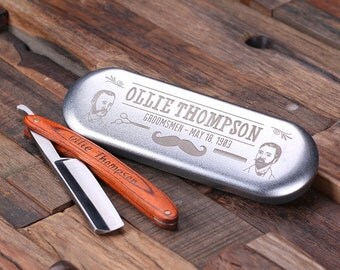 Personalized Straight Razor Blade with Tin Box Groomsmen, Birth Days, Boy Friend Gift