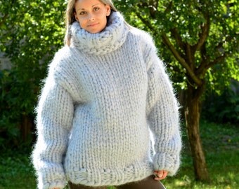 Hand Knit Mohair Catsuite Sweater Massive Mix Gray Fuzzy Hooded ...