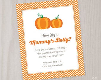 Little Pumpkin How Big is Mommy's Belly Game, Measure Mommy's Tummy Baby Shower Games, Orange Chevron Pumpkin, Fall Autumn Halloween shower