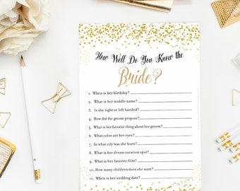 How Well Do You Know the Bride Game, Who Knows the Bride Best, Bridal quiz, Gold Confetti Bridal Shower, Bachelorette, Wedding Shower