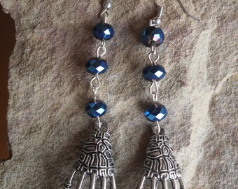 Earrings, hand, dangle earrings, crystal earrings, halloween jewelry, long earrings, skeleton hands, bones, skulls