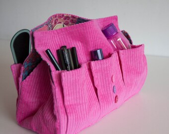 Pink Corduroy Storage Bag, Cosmetic Organizer, Six Pocket Tissue Box, Makeup Organizer Bag, Storage bag with Button details, Napkin holder