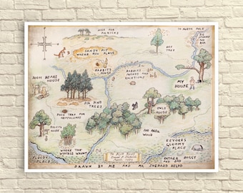 Classic Winnie The Pooh, Classic Winnie the Pooh Wall Art, 100 Acre Wood Map, Nursery Art, Nursery Decor, Children's Wall Art.