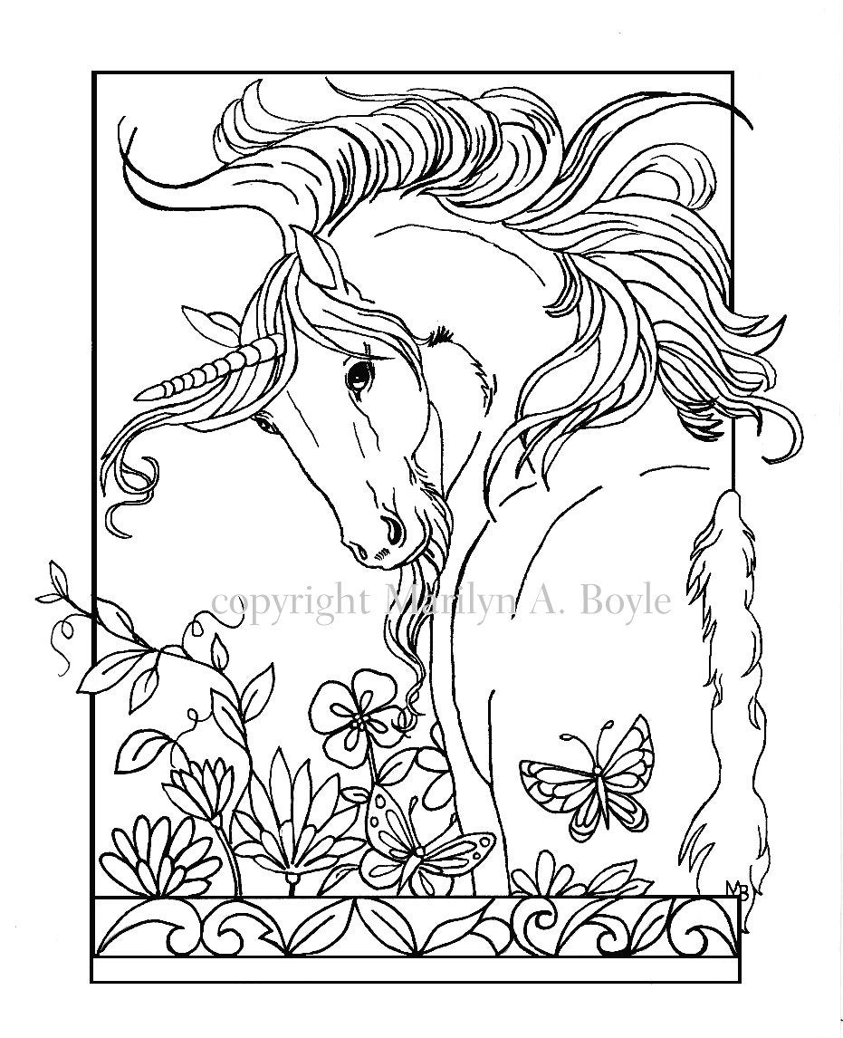 ADULT COLORING PAGE digital Unicorn flowers butterfly garden fantasy adult coloring