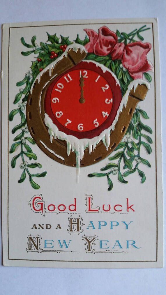 Good Luck & Happy New Year Vintage Postcard Gold Horseshoe
