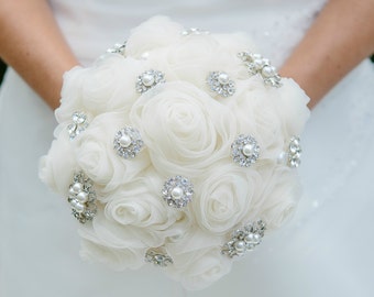 Brides Bridesmaids Brooch Bouquet Ref 2 Jewelled Posy Wedding Accessory Handmade Flowers 4 Size Options Light Cream Chiffon