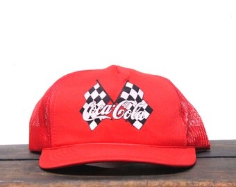 Vintage Coca Cola Racing Checkered Flag Coke Soda Pop Drink Trucker Hat Snapback Baseball Cap