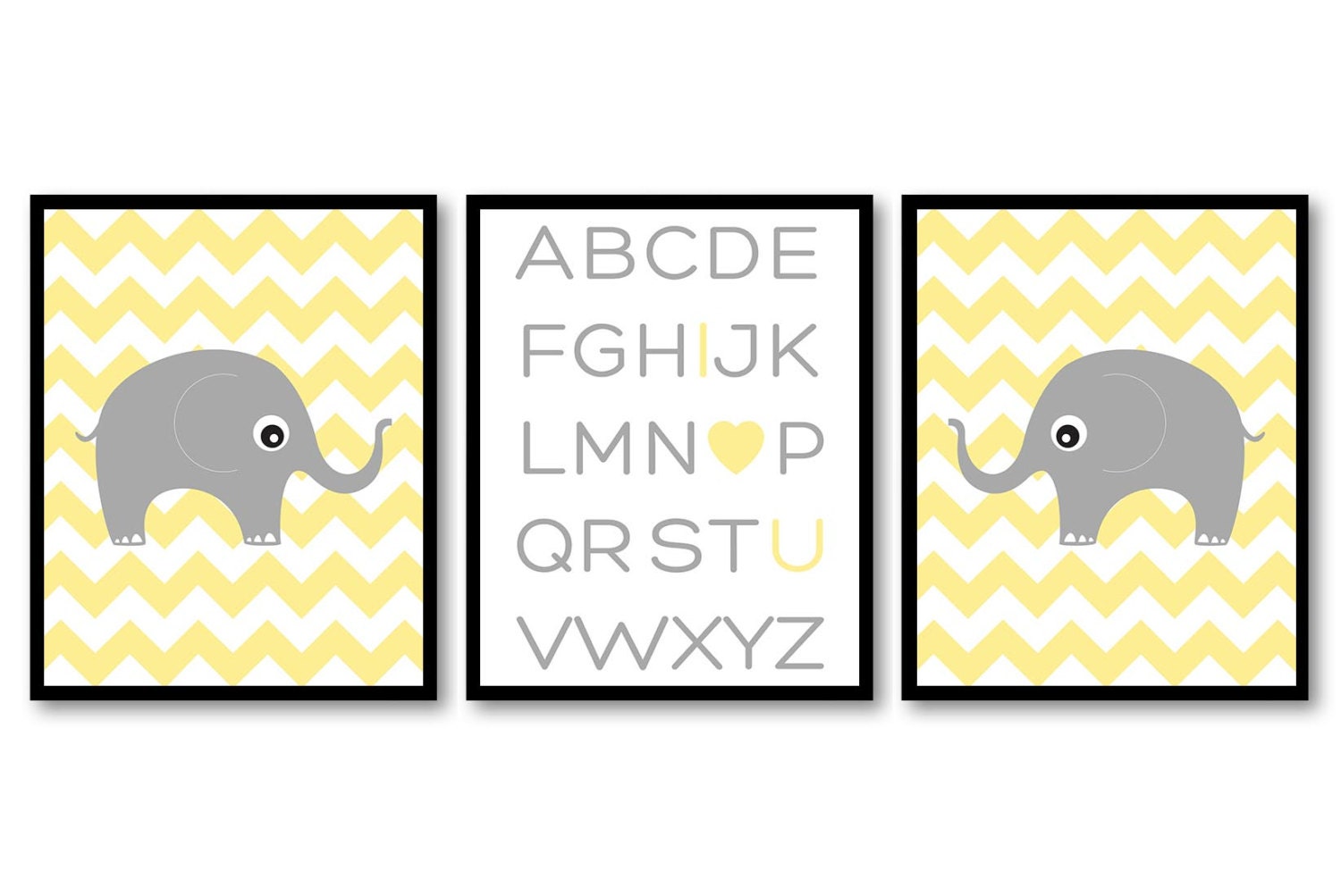 Yellow Grey Elephant Alphabet LOVE Nursery Art Nursery Print Set of 3 Chevron Elephants Child Art Ki