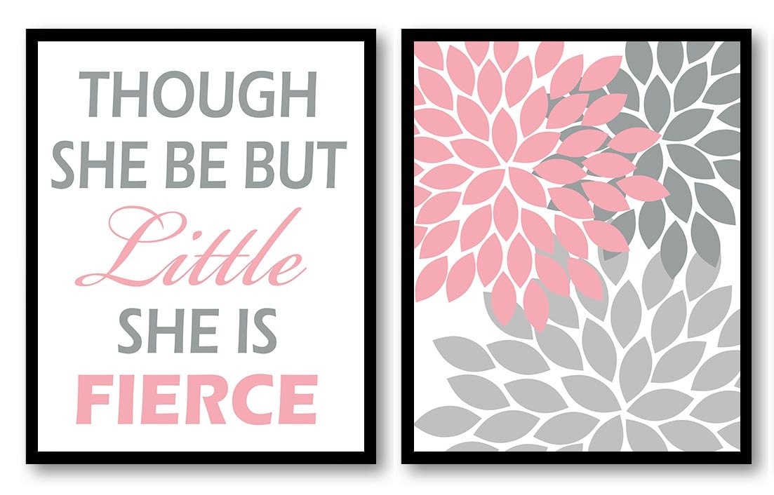 Though She Be But Little She is Fierce Nursery Art Print Set of 2 Chrysanthemum Flower Pink Grey Gra
