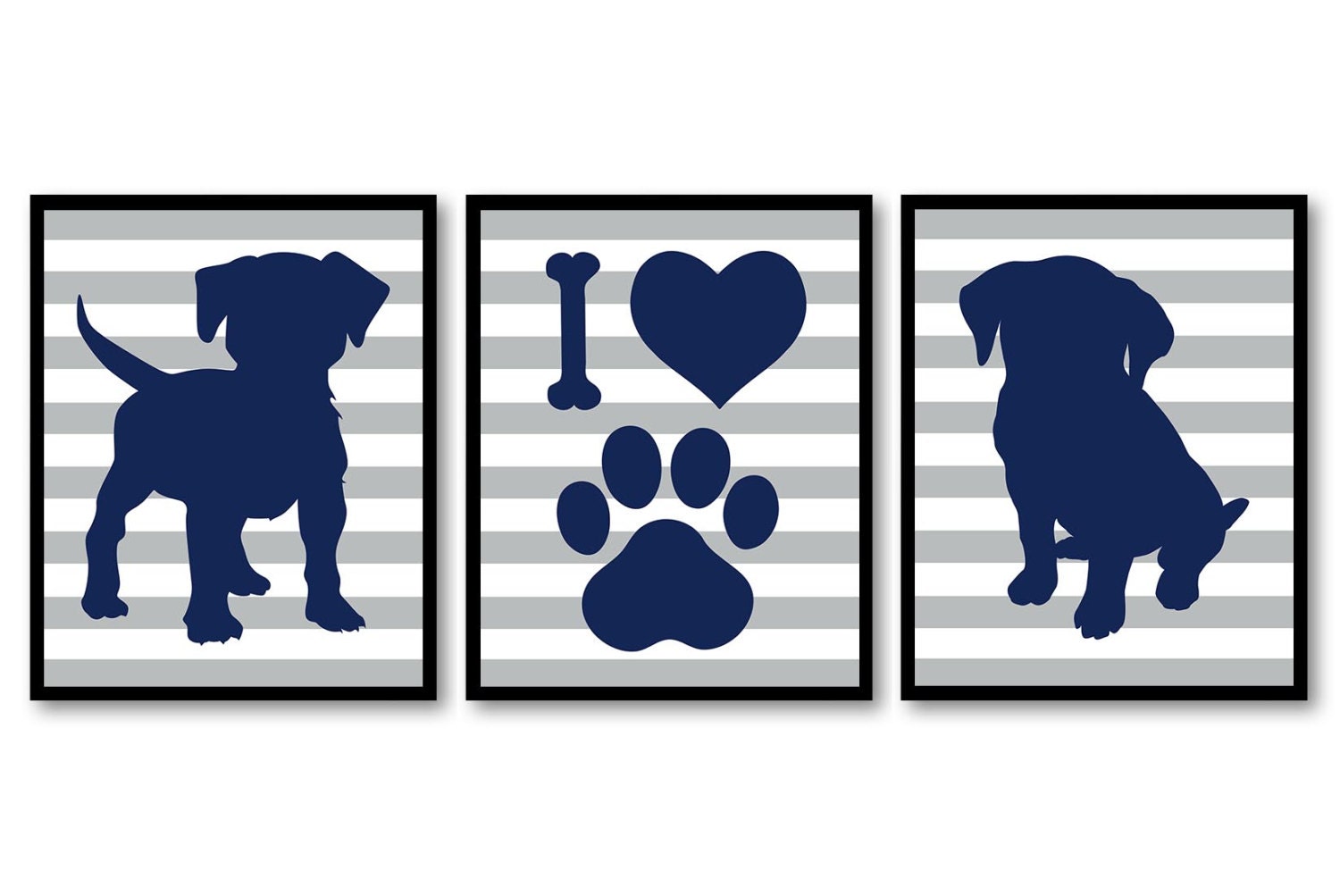 Puppy Dog Nursery Art Puppy Prints Set of 3 Prints Navy Blue Gray Grey Stripes Baby Wall Decor I Lov