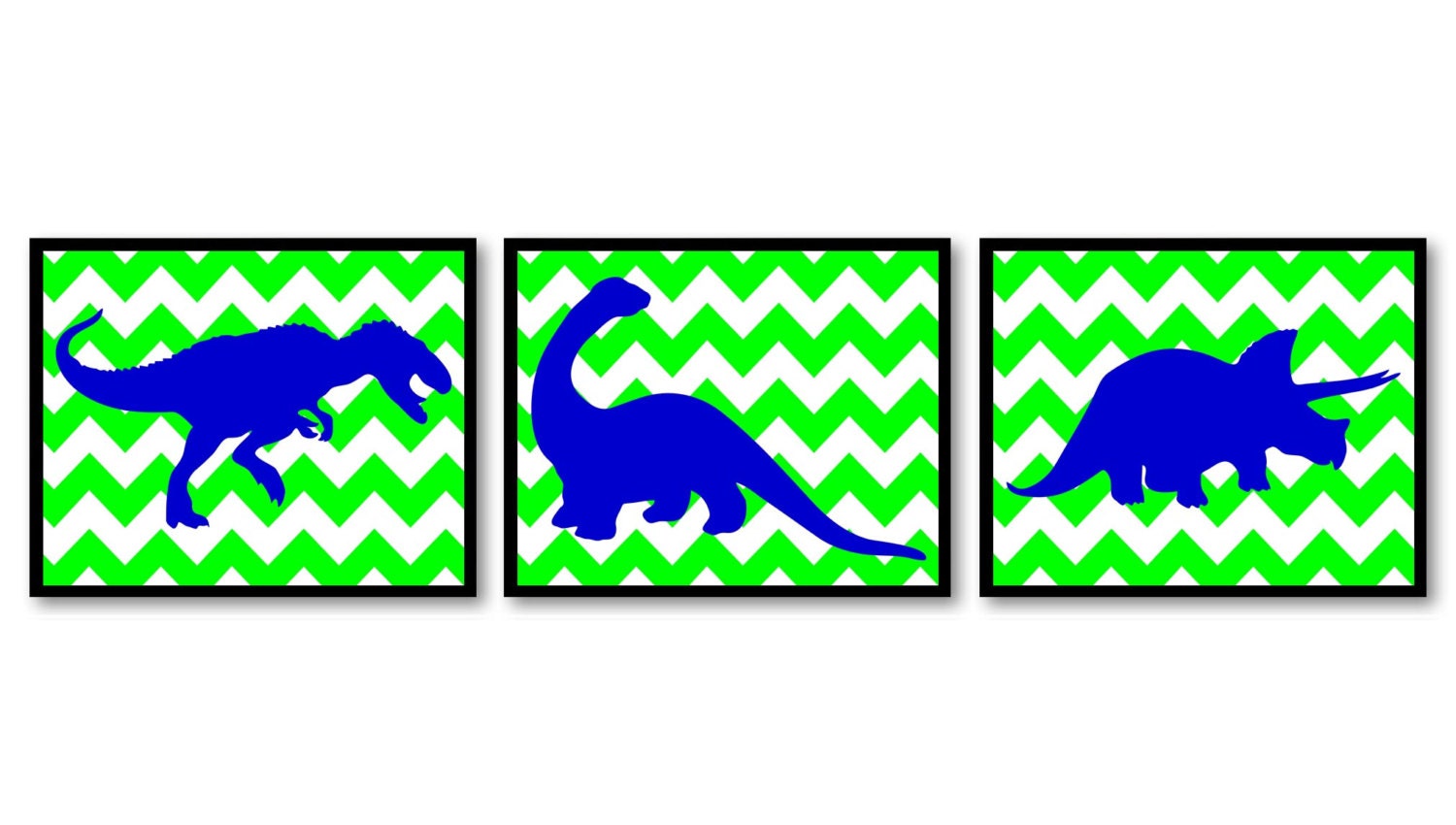 Dinosaur Nursery Art Dinosaurs Set of 3 Prints Navy Blue Lime Green Chevron Tyrannosaurus Rex Tricer