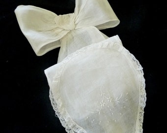 Antique French Linen Bow & Sash with Lace with Embroidery