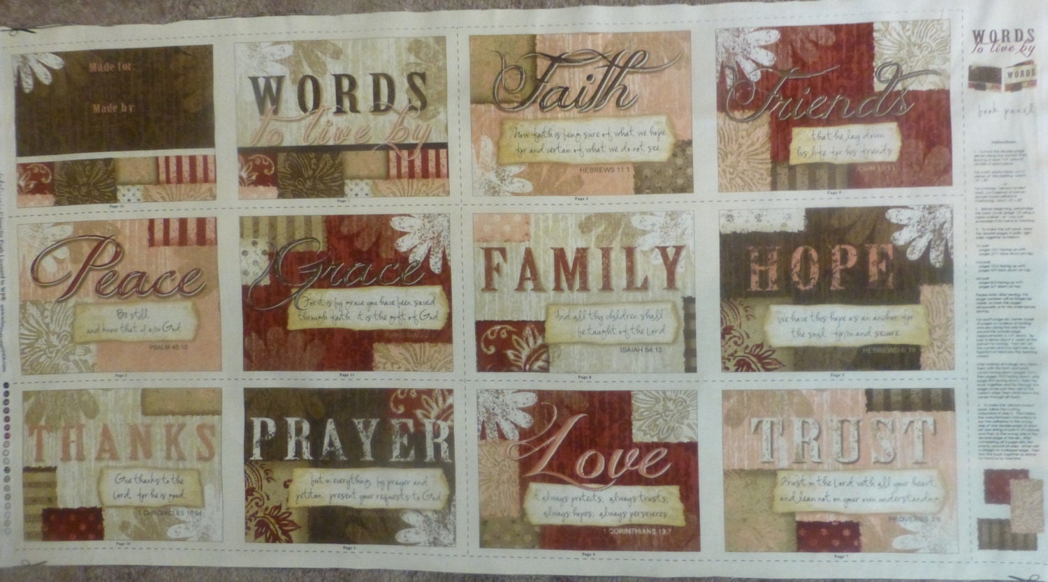 Words to Live By~ Panel, Cotton Fabric,Quilt, by 