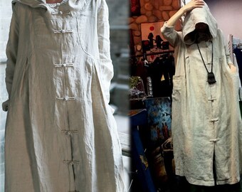299-Women's Sorcerer Hooded Linen Trench Coat, Natural Hoodie Oversized Flax Outerwear, Witchy Hemp Coat, One Size Fits Many.