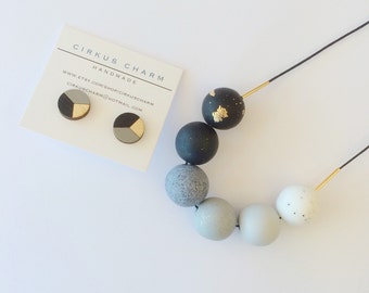 Handmade Polymer Clay Beads Necklace + Hand Painted Wooden Earrings